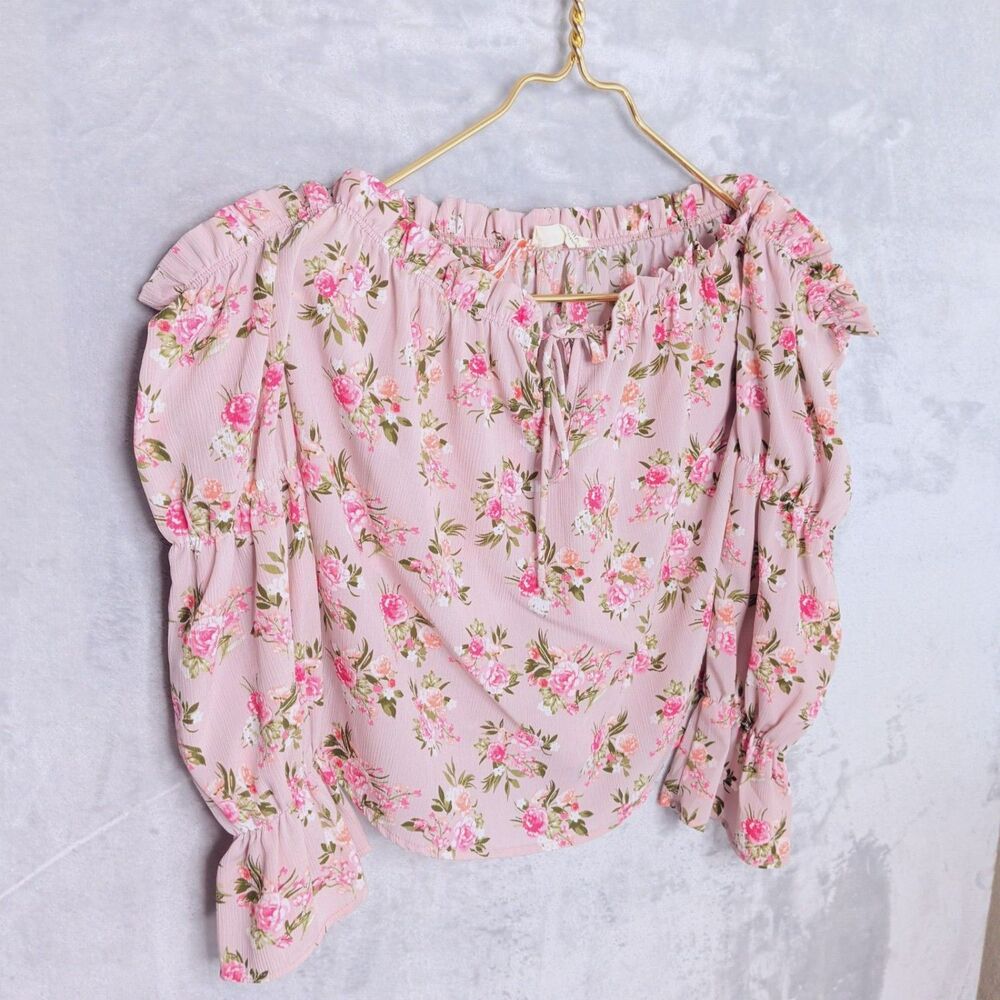 PEACH LOVE CALIFORNIA Off Shoulder Top Sz S Cropped Pink Floral Boho Romantic